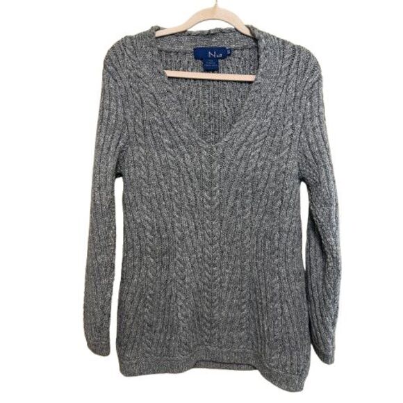 Nua of Ireland 100% Merino Wool Cable V Neck Sweater Womens Medium Gray Pullover - Picture 1 of 5